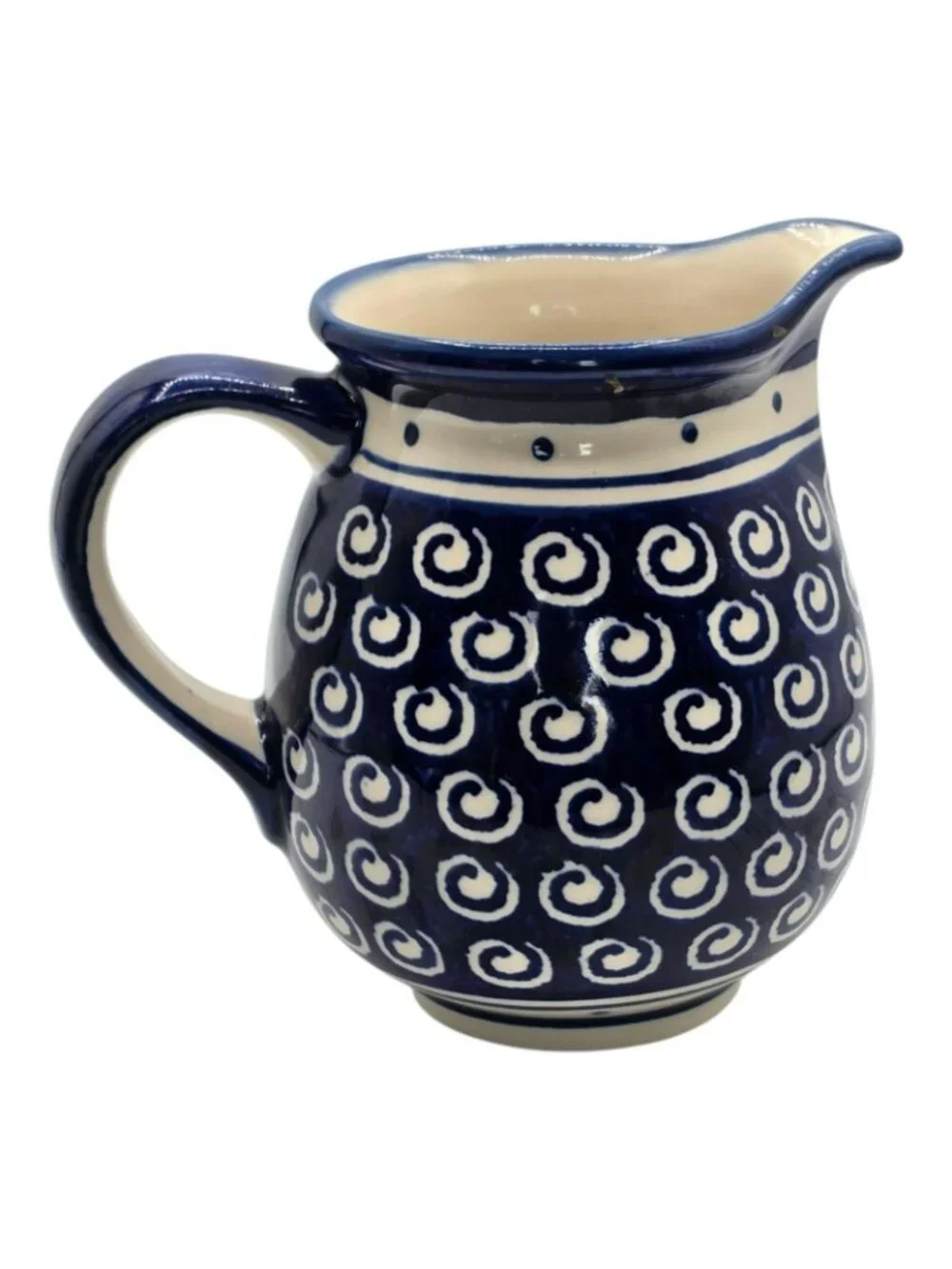 Handmade Boleslawiec Polish Pottery Creamer Pitcher Blue White Swirl 48oz